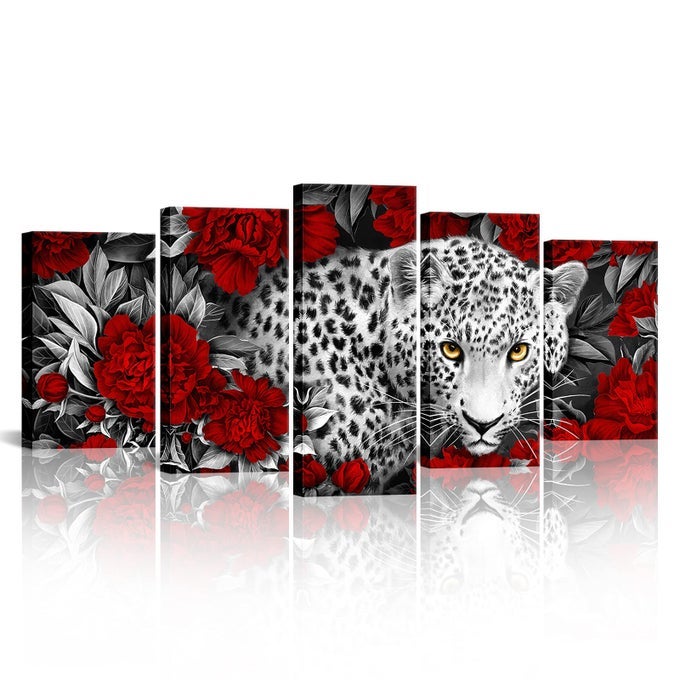 WILDLIFE ANIMAL CANVAS WALL ART BLACK AND WHITE LEOPARD IN RED PEONY FLOWERS PICTURE PRINTS GALLERY WRAPPED ARTWORK READY TO HANG FOR LIVING ROOM BEDROOM DECORATION 60LX32H
