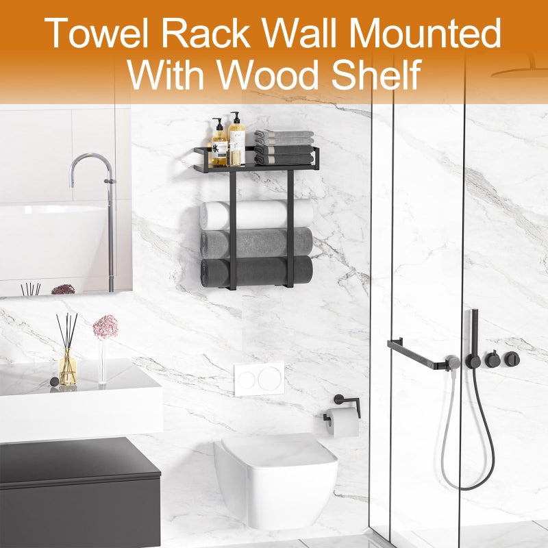 Xstydes Towel Racks for Bathroom Wall Mounted, Xstydes Metal Towel Holder with Wooden Shelf for Folding Large Towels, Towel Storage for Small Bathroom Organizer Decor or RV Camping, Black - Image 3