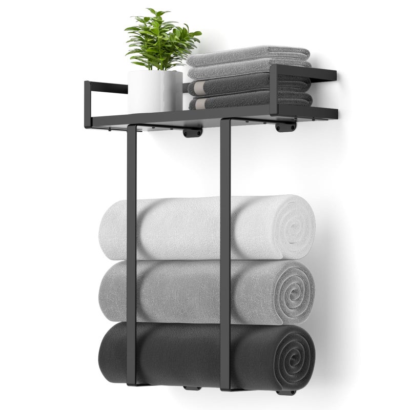Xstydes Towel Racks for Bathroom Wall Mounted, Xstydes Metal Towel Holder with Wooden Shelf for Folding Large Towels, Towel Storage for Small Bathroom Organizer Decor or RV Camping, Black - Image 1