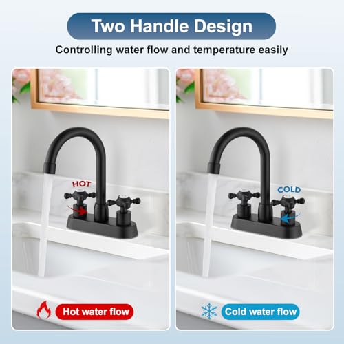 Cinwiny 4 Inch Centerset Bathroom Faucets Double Cross Handle Bathroom Sink Faucet Deck Mounted Vintage RV Farmhouse Vanity Basin Mixer Tap with Pop up Drain,Matte Black - Image 4