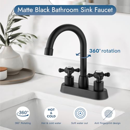 Cinwiny 4 Inch Centerset Bathroom Faucets Double Cross Handle Bathroom Sink Faucet Deck Mounted Vintage RV Farmhouse Vanity Basin Mixer Tap with Pop up Drain,Matte Black - Image 2