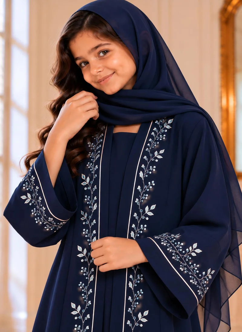 MSquare Fashion Girls Blue Abaya with Golden Hand Embroidery | Kids Abaya with Chiffon Hijab