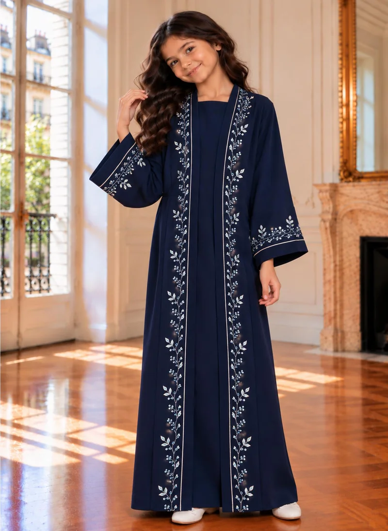 MSquare Fashion Girls Blue Abaya with Golden Hand Embroidery | Kids Abaya with Chiffon Hijab