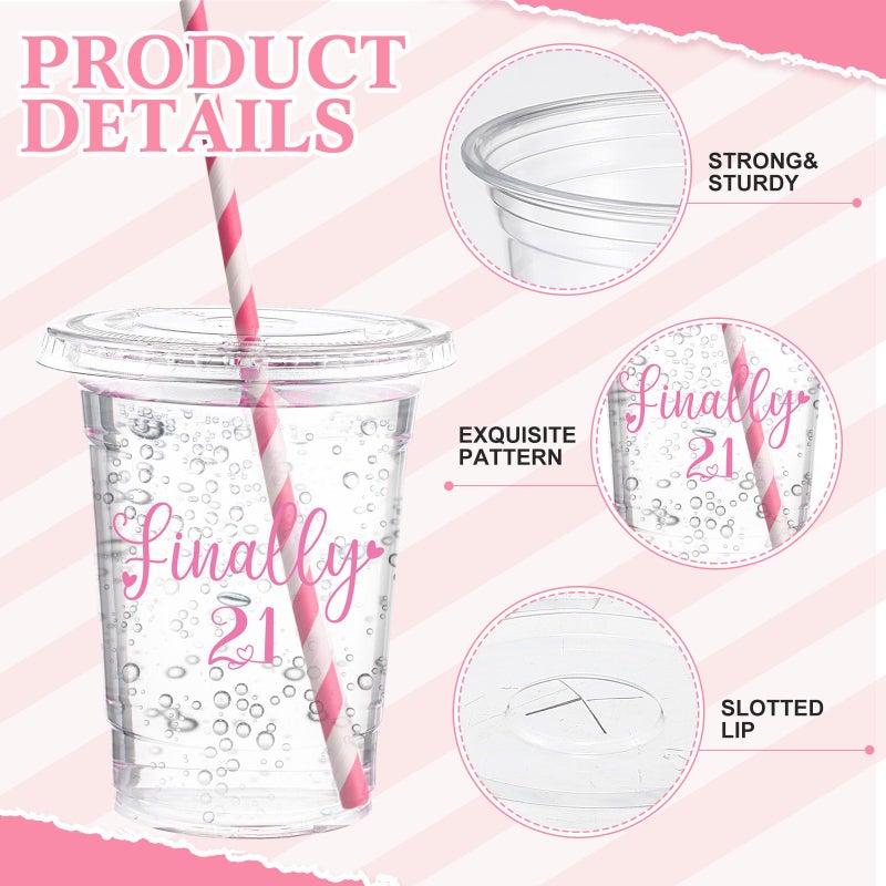 Funnymoom 50 Sets 21st Birthday Cups for Women 16 oz Birthday Plastic Cups with Lids and Straws Clear Happy Birthday Disposable Drinking Cups Bulk for Finally 21 Birthday Anniversary Party Supplies - Image 2
