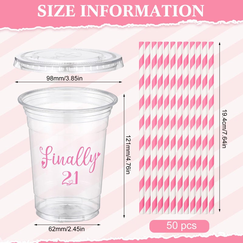 Funnymoom 50 Sets 21st Birthday Cups for Women 16 oz Birthday Plastic Cups with Lids and Straws Clear Happy Birthday Disposable Drinking Cups Bulk for Finally 21 Birthday Anniversary Party Supplies - Image 1