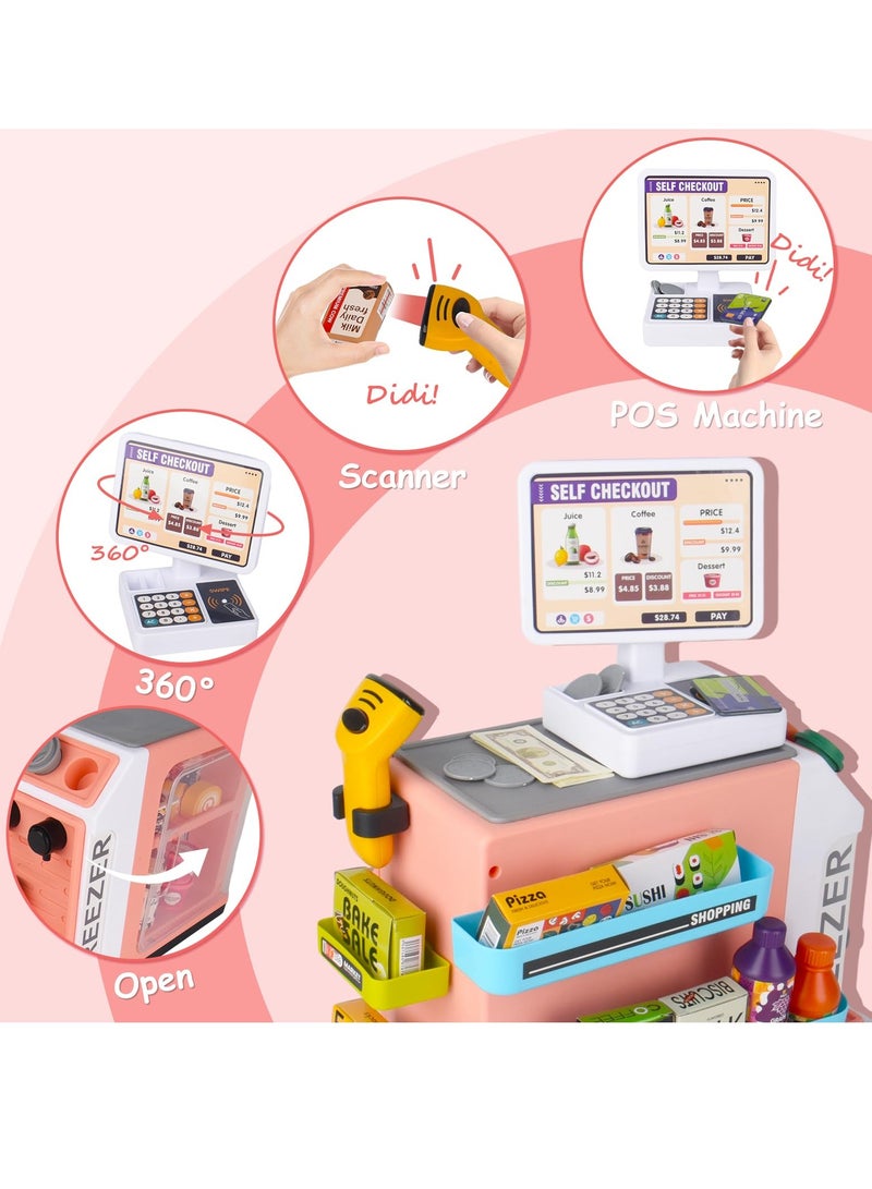 SYOSI 46Pcs Pretend Play Cash Register Toy Set Children's Supermarket Vending Machine with Calculator Shopping Bag Scanners Credit Cards Coffee Machine Play Food Gift for Boys and Girls Ages 3+ - Image 3