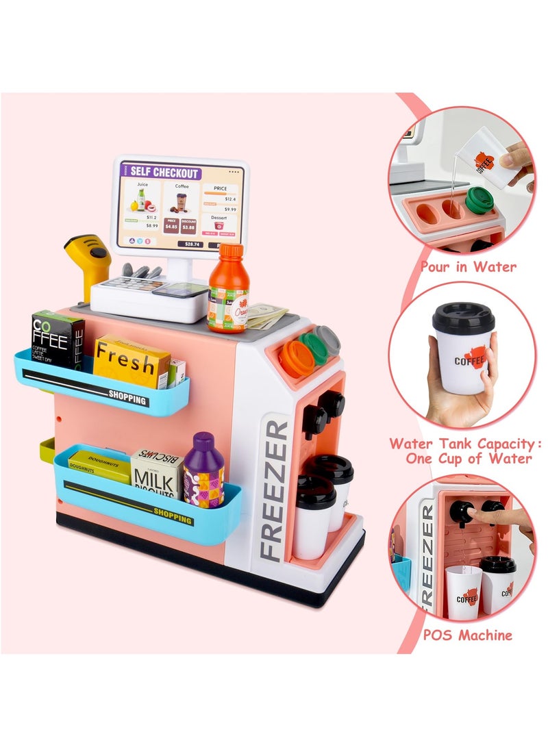 SYOSI 46Pcs Pretend Play Cash Register Toy Set Children's Supermarket Vending Machine with Calculator Shopping Bag Scanners Credit Cards Coffee Machine Play Food Gift for Boys and Girls Ages 3+ - Image 4