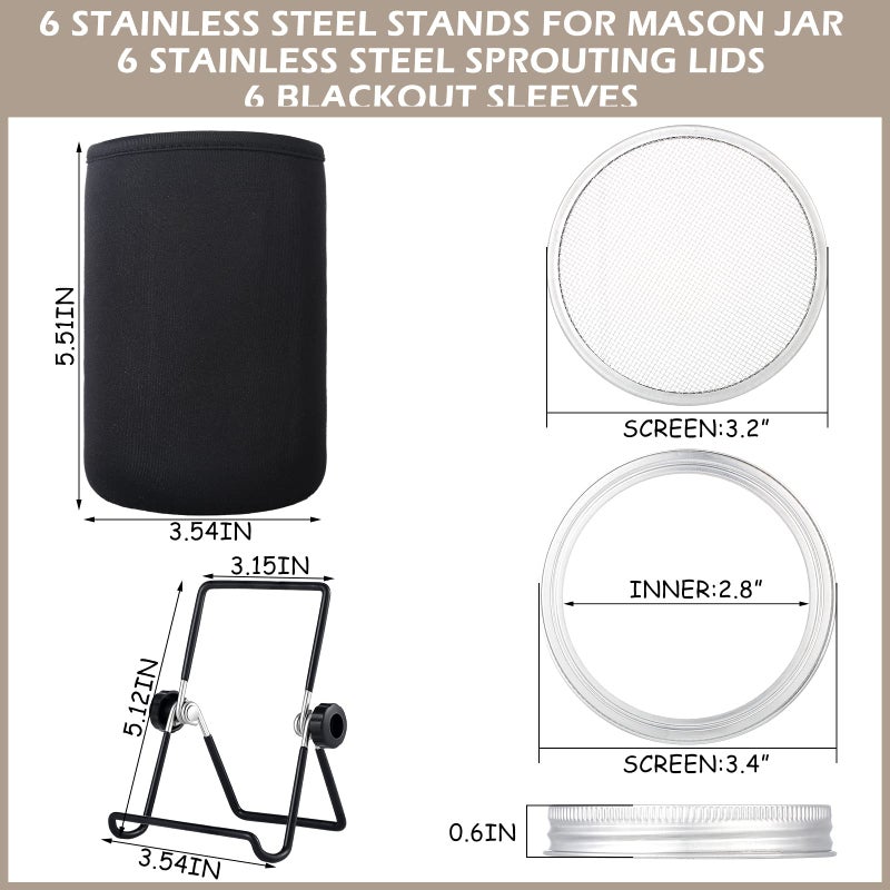 Tessco 6 Pack Sprouting Lids with Stainless Steel Sprouting Jar Stands, Blackout Sleeves, Sprouting Kit for Wide Mouth Mason Jar, Organic Sprouts - Image 2