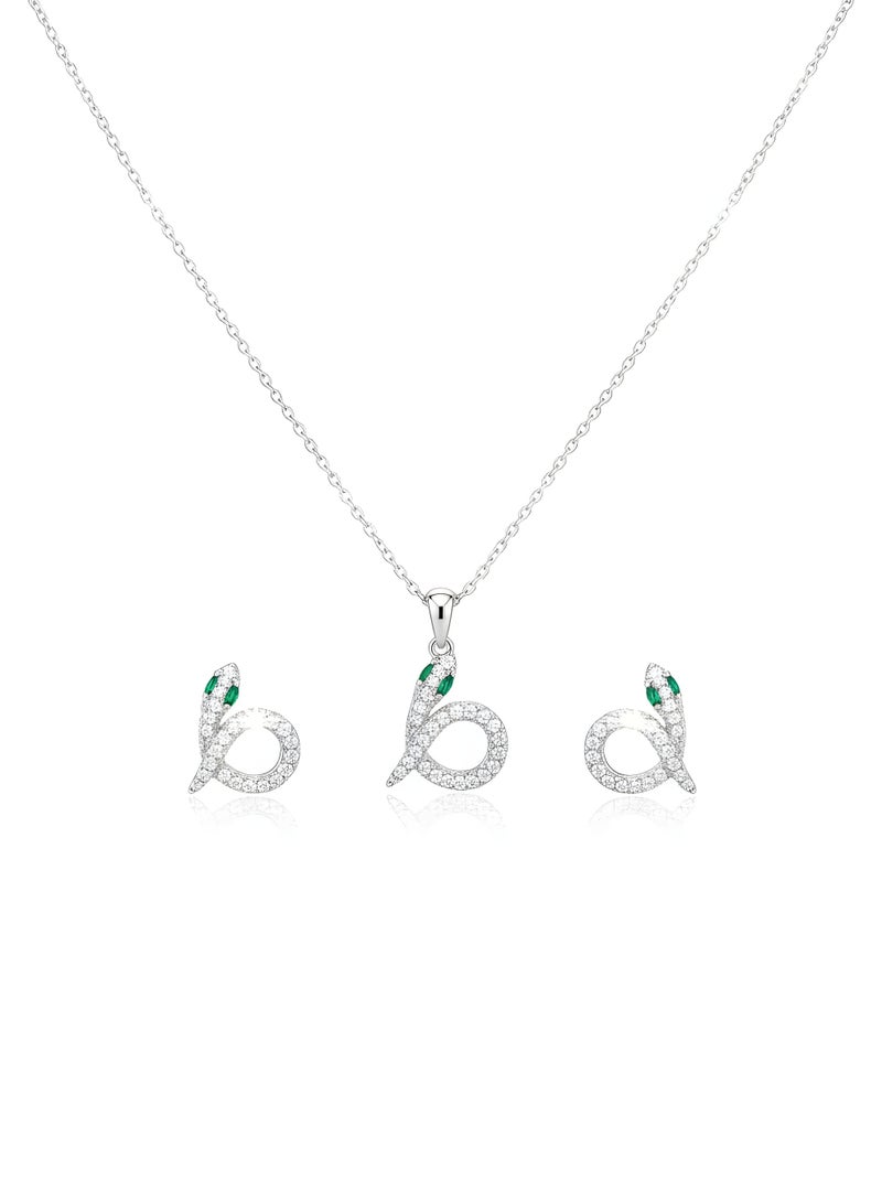 Fine Silver 925 Sterling Silver Women's Snake Jewelry Set with Sparkling Cubic Zirconia and Emerald Green Eyes - Necklace and Earrings - Image 1