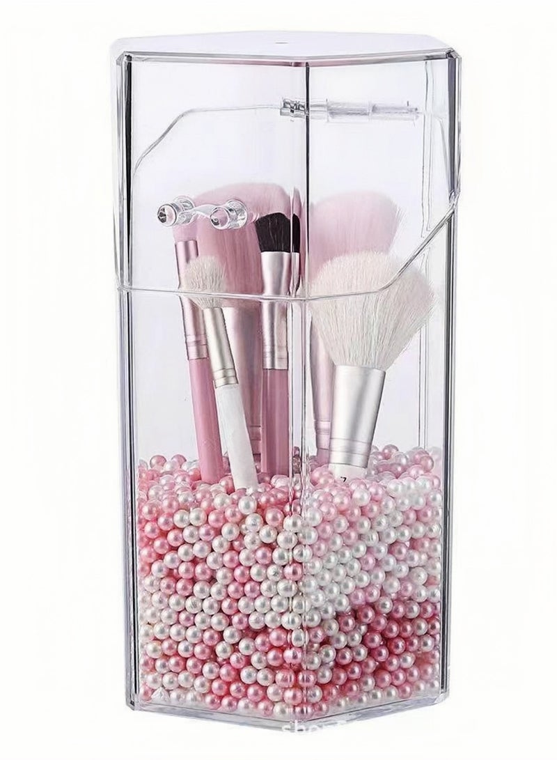 نوفولان حامل فرش المكياج، منظم مستحضرات تجميل سداسي الشكل مقاوم للغبار، صندوق تخزين أدوات المكياج اللؤلؤي المزخرف، يتضمن لآلئ بيضاء ووردية، مثالي لتخزين فرش المكياج وقلم الحواجب - Image 1