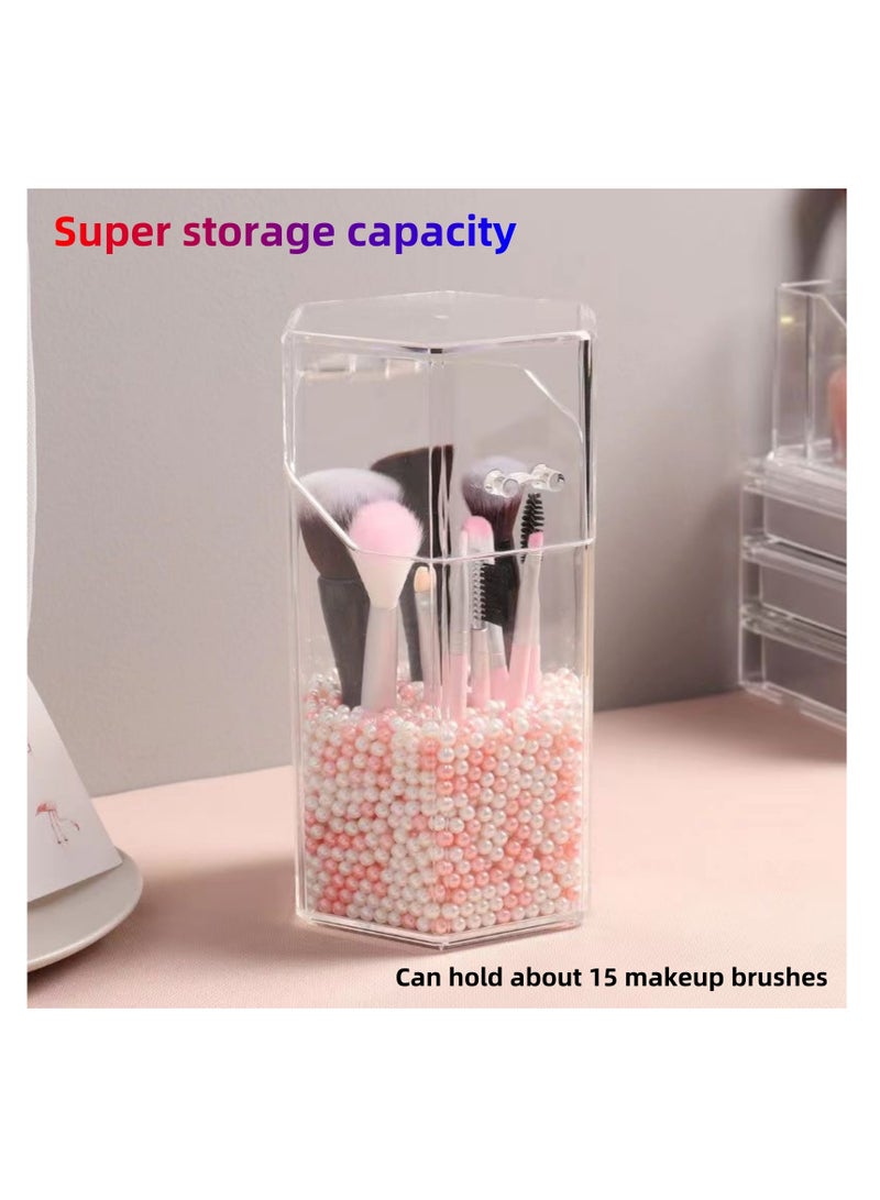 نوفولان حامل فرش المكياج، منظم مستحضرات تجميل سداسي الشكل مقاوم للغبار، صندوق تخزين أدوات المكياج اللؤلؤي المزخرف، يتضمن لآلئ بيضاء ووردية، مثالي لتخزين فرش المكياج وقلم الحواجب - Image 2