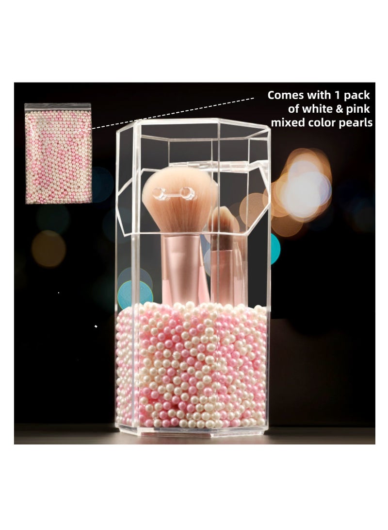 نوفولان حامل فرش المكياج، منظم مستحضرات تجميل سداسي الشكل مقاوم للغبار، صندوق تخزين أدوات المكياج اللؤلؤي المزخرف، يتضمن لآلئ بيضاء ووردية، مثالي لتخزين فرش المكياج وقلم الحواجب - Image 5