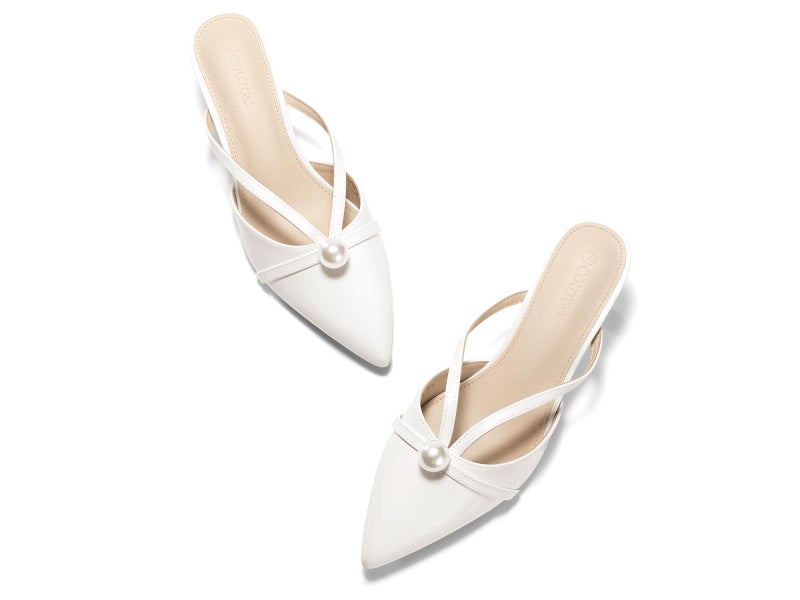Coutgo Womens Pearl Kitten Heels Mules Closed Pointed Toe Sandals Satin Wedding Party Dress Shoes, White Patent Leather, Size 9 - Image 1