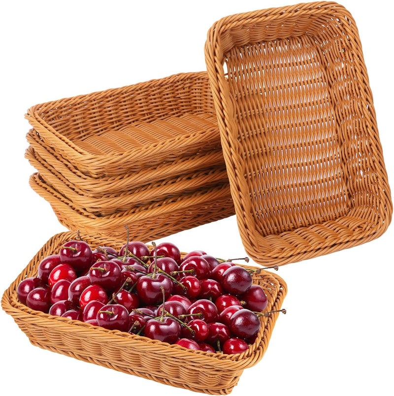IHDYPPEW 6 Pack 12 Inch Brown Poly Wicker Bread Baskets, Rectangular Wicker Bread Basket, Imitation Rattan Wicker Fruit Baskets for Table, Candies, Crackers, Fruit, Vegetables, Restaurant,Home Kitchen - Image 1
