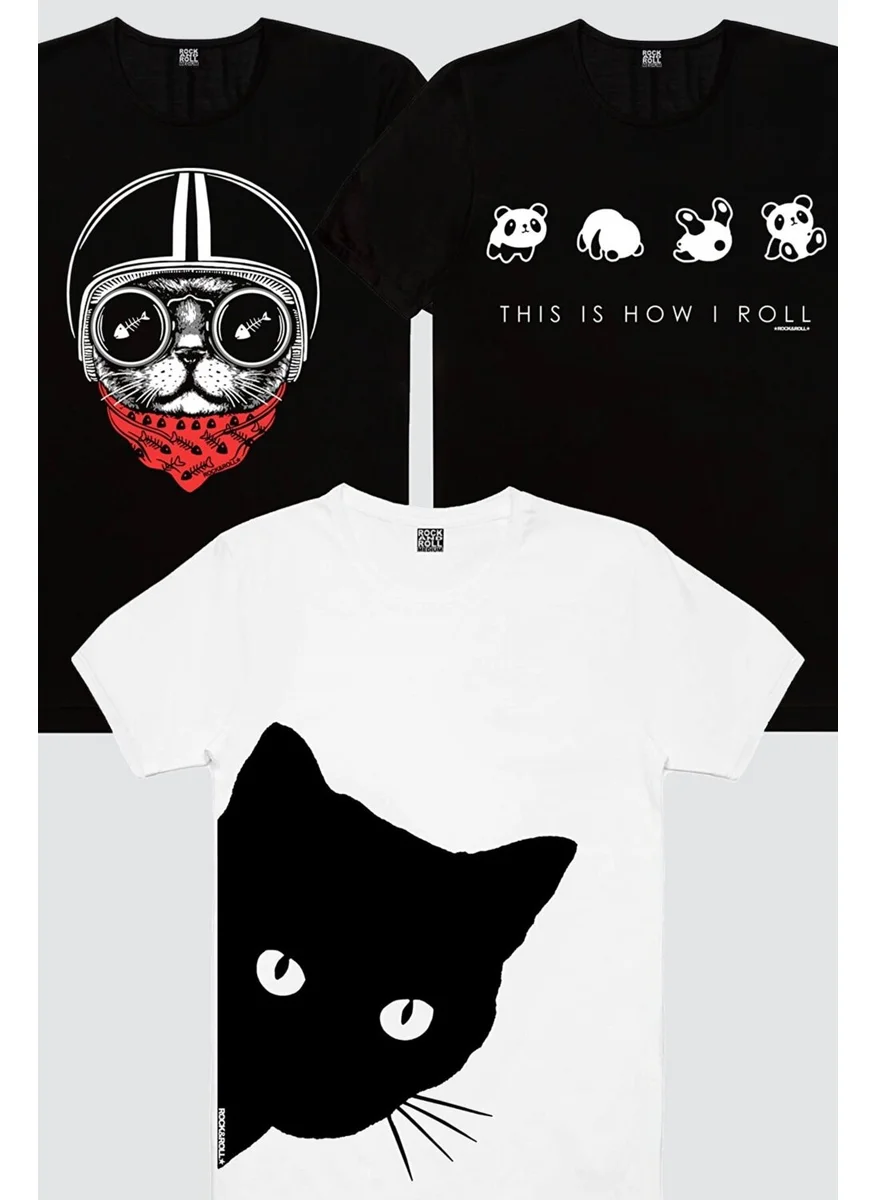 Rock&Roll Helmet Cat, Curious, Panda Tumble Women's 3-Piece Eco Pack T-Shirt