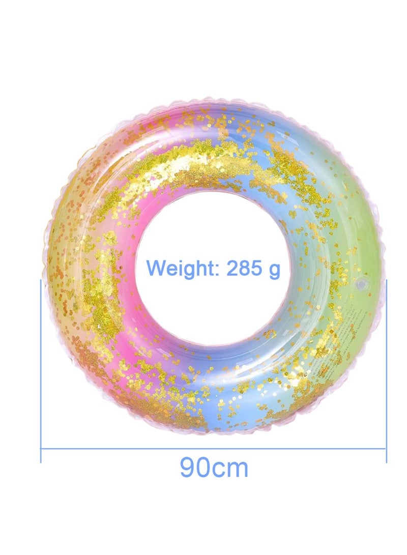 SOLARAE حلقة سباحة بتدرج الألوان، حلقة سباحة كبيرة قابلة للنفخ ومتينة، حلقة سباحة دائرية، حلقة مطاطية عائمة على الشاطئ في الصيف، طوق نجاة ملون مع لامع، ألعاب مائية للبرك، 90 سم - Image 3