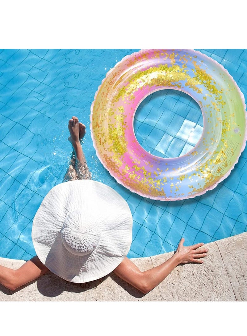 SOLARAE حلقة سباحة بتدرج الألوان، حلقة سباحة كبيرة قابلة للنفخ ومتينة، حلقة سباحة دائرية، حلقة مطاطية عائمة على الشاطئ في الصيف، طوق نجاة ملون مع لامع، ألعاب مائية للبرك، 90 سم - Image 4