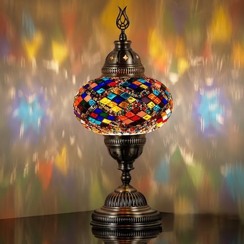 DEMMEX Battery-Operated Turkish Moroccan Mosaic Table Lamp – 12”H, 5”W, Portable Stained Glass Lantern for Indoor & Outdoor, Cordless Handmade Decorative Light for Bedroom, Patio, Camping, Multicolor - Image 1