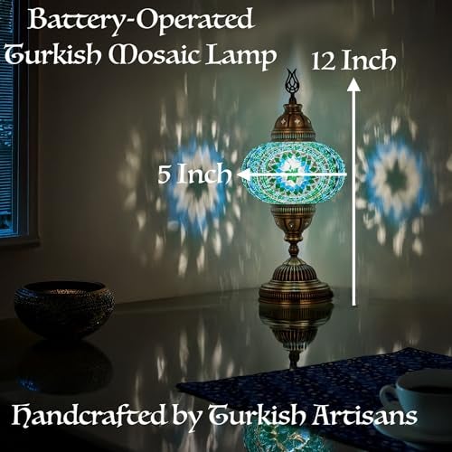 DEMMEX Battery-Operated Turkish Moroccan Mosaic Table Lamp – 12”H, 5”W, Portable Stained Glass Lantern for Indoor & Outdoor, Cordless Handmade Decorative Light for Bedroom, Patio, Camping, Multicolor - Image 3