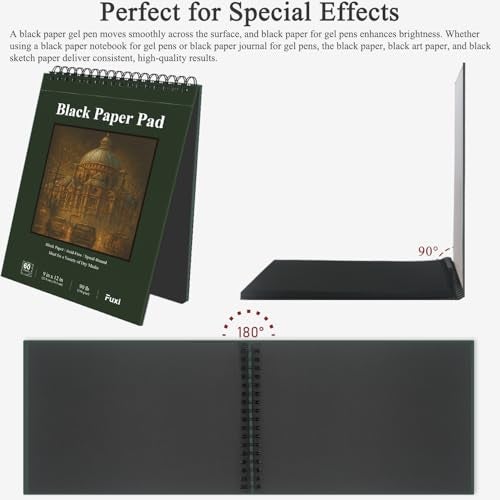 Fuxi Black Paper Sketchbook 9x12, 60 Sheets（90lb/150gsm） Hardcover Spiral Bound | Black Paper Notebook for Gel Pen, Colored Pencil, Artist Supplies for Adults, Teens & Students. - Image 4