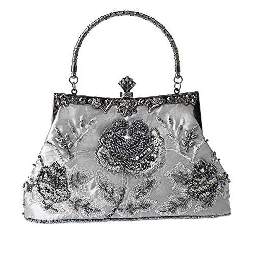 DA BODAN Womens Vintage Floral Beaded Rhinestone Embroidery Clutch Sequin Crossbody Bag Evening Handbag for Bridal Wedding Party Prom - Image 1
