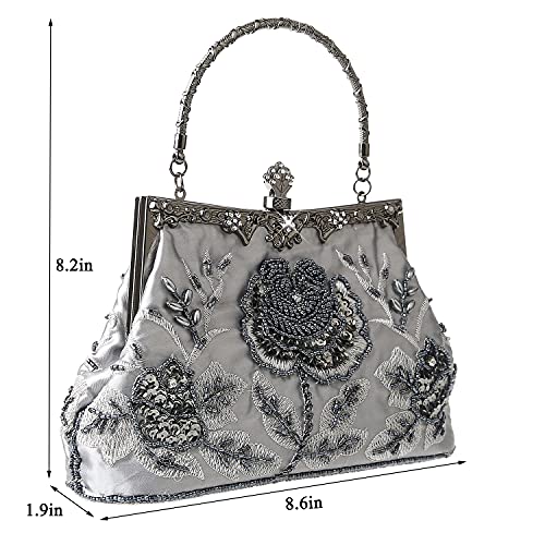 DA BODAN Womens Vintage Floral Beaded Rhinestone Embroidery Clutch Sequin Crossbody Bag Evening Handbag for Bridal Wedding Party Prom - Image 3
