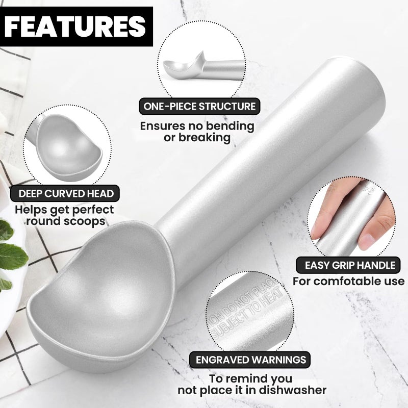 CUNSENR 7 inch Ice Cream Scoop - One-Piece Nonstick Aluminum Ice Cream Scooper - Professional Metal Ice Cream Spoon - Durable, Easy to Use & Clean - Lightweight Cookie Spoon - Scoop Ice Cream (Sliver) - Image 4