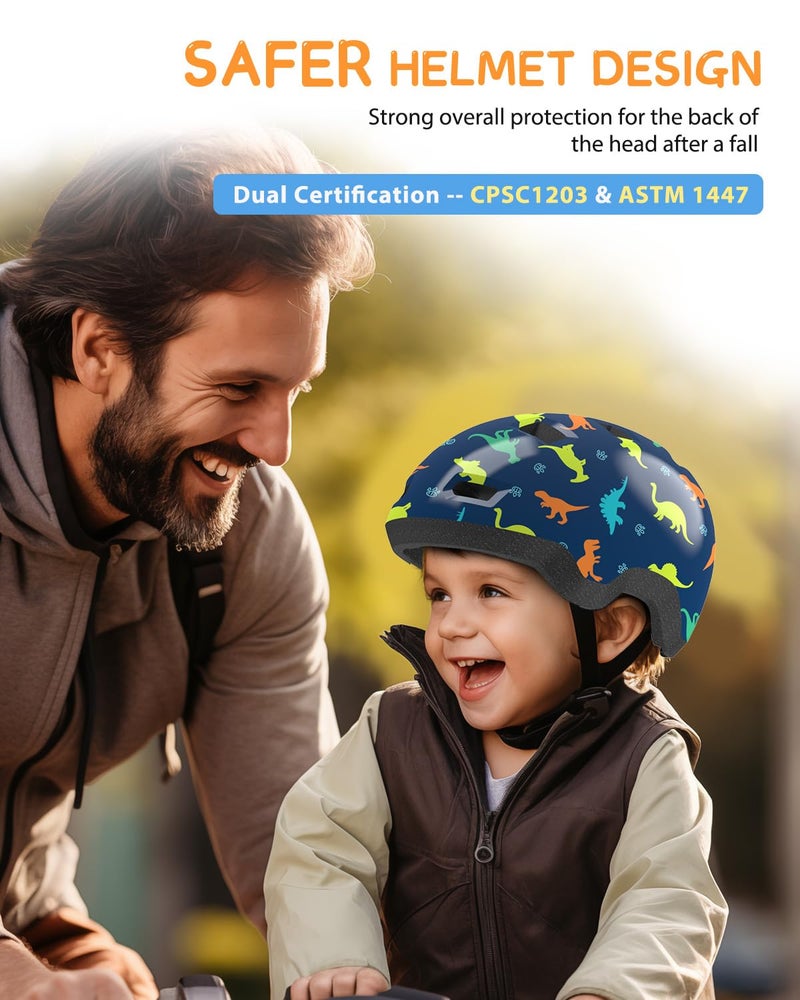 Bimalsic Toddler Bike Helmet 2-6 Years Old- with 12 Vents & Dual Liner (0.16"+0.28") - Adjustable Dial Fit (48-54cm) (S,Dinosaur2) - Image 2
