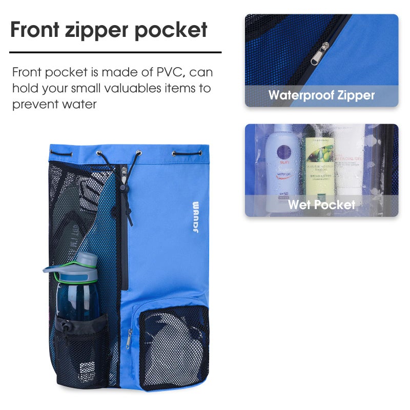 WANDF Swim Bag Mesh Drawstring Backpack with Wet Pocket for Swimming, Gym, and Workout Gear (Navy Blue) - Image 3