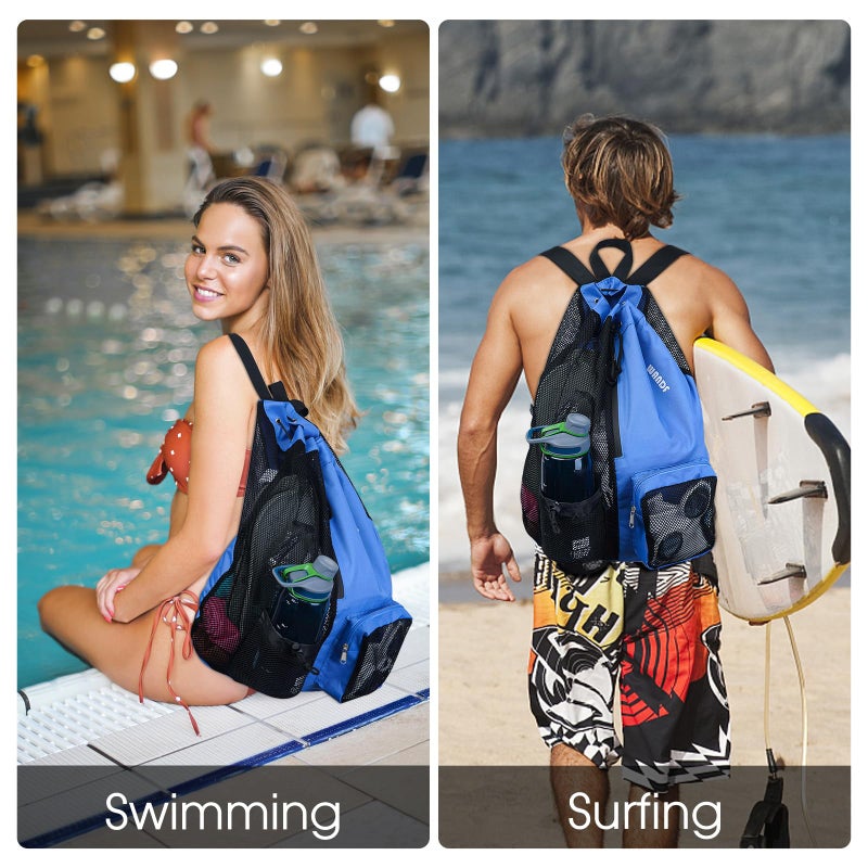WANDF Swim Bag Mesh Drawstring Backpack with Wet Pocket for Swimming, Gym, and Workout Gear (Navy Blue) - Image 2