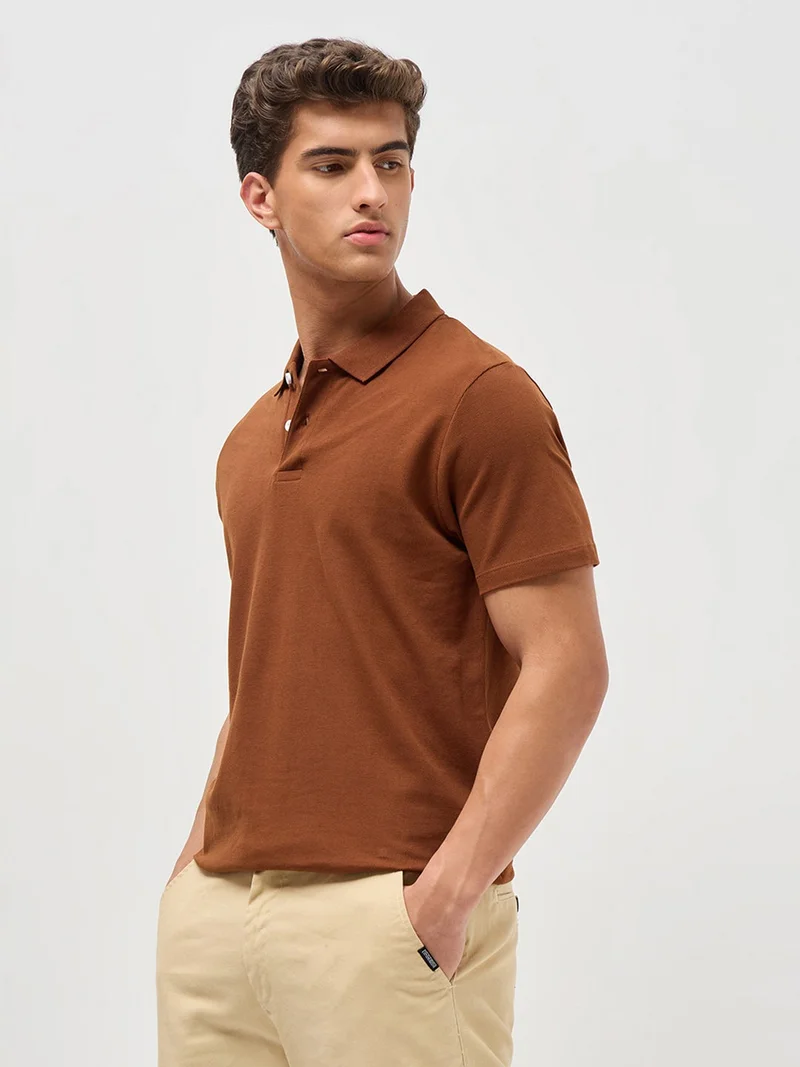 Urbano Fashion  Urbano Fashion Men's Chocolare Brown Solid Regular Fit Half Sleeve Cotton Polo T-Shirt  | Best Price UAE