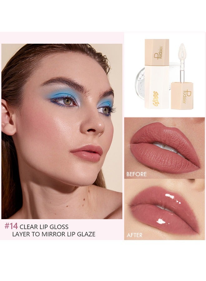 بوداير طبقة ملمع شفاه شفافة تعكس ملمع الشفاه، ملمع شفاه ممتلئ، لامع، مرطب، مقاوم للماء، تأثير مكياج طويل الأمد (#14 ملمع شفاه شفاف) - Image 2