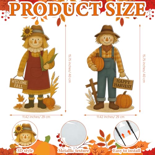 Amyhill 2 Pcs Fall Metal Scarecrow Yard Decoration Thanksgiving Garden Metal Stakes Autumn Pumpkin Harvest Signs for Thanksgiving Outside Home Lawn Porch Pathway Fall Decor - Image 3
