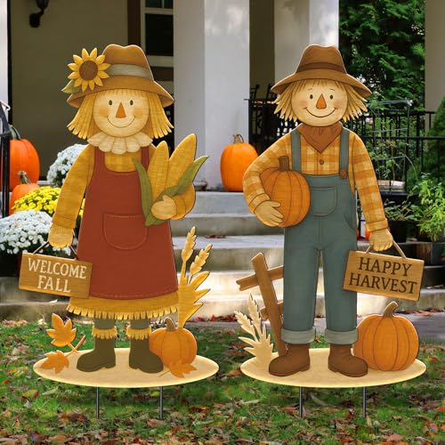 Amyhill 2 Pcs Fall Metal Scarecrow Yard Decoration Thanksgiving Garden Metal Stakes Autumn Pumpkin Harvest Signs for Thanksgiving Outside Home Lawn Porch Pathway Fall Decor - Image 1