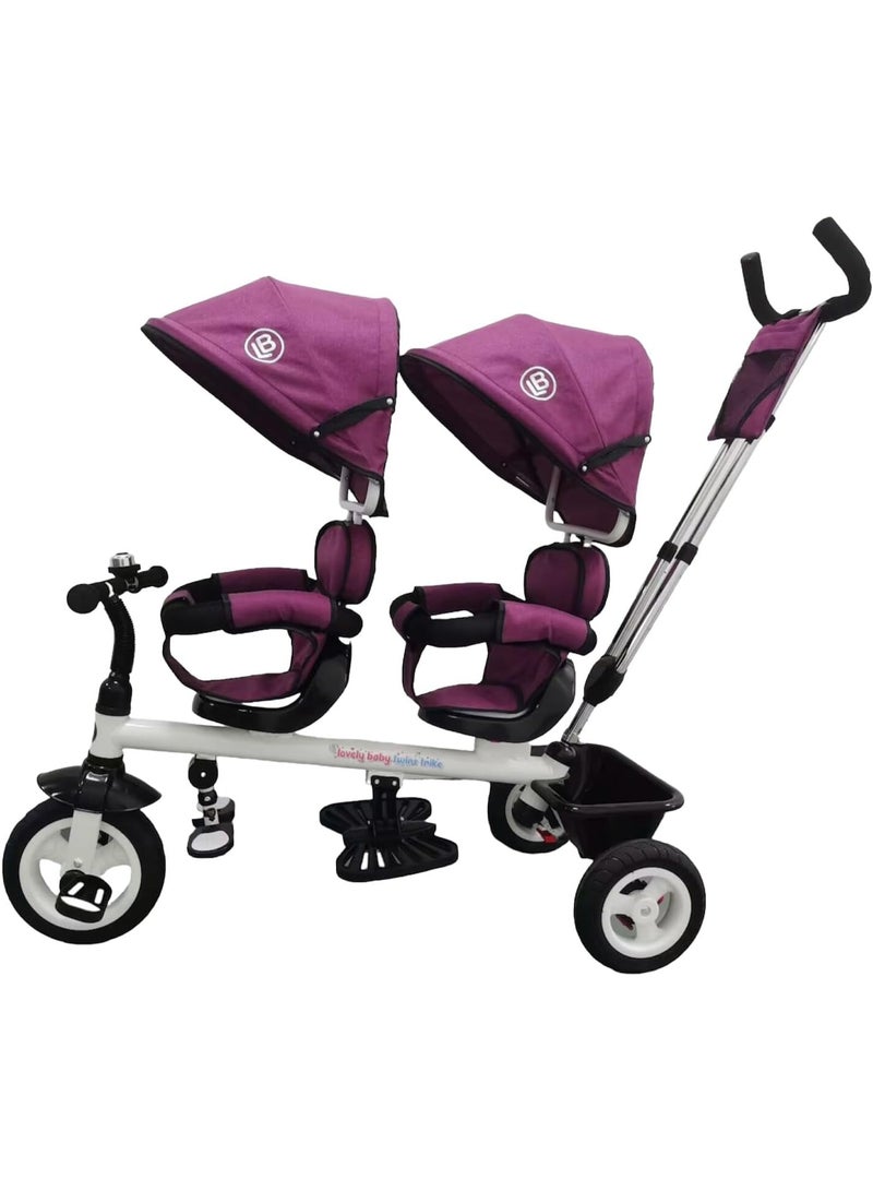 Lovely Baby 2-Seater Twin Tricycle with 360° Rotating Seats, Canopy, and Push Handle - [LB-525HC] PURPLE - Image 1