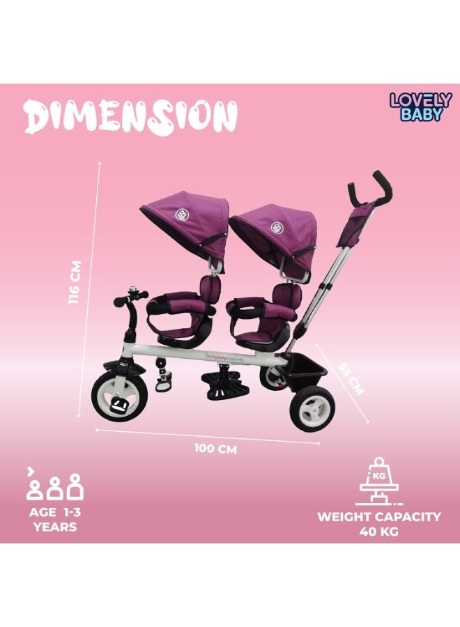 Lovely Baby 2-Seater Twin Tricycle with 360° Rotating Seats, Canopy, and Push Handle - [LB-525HC] PURPLE - Image 3