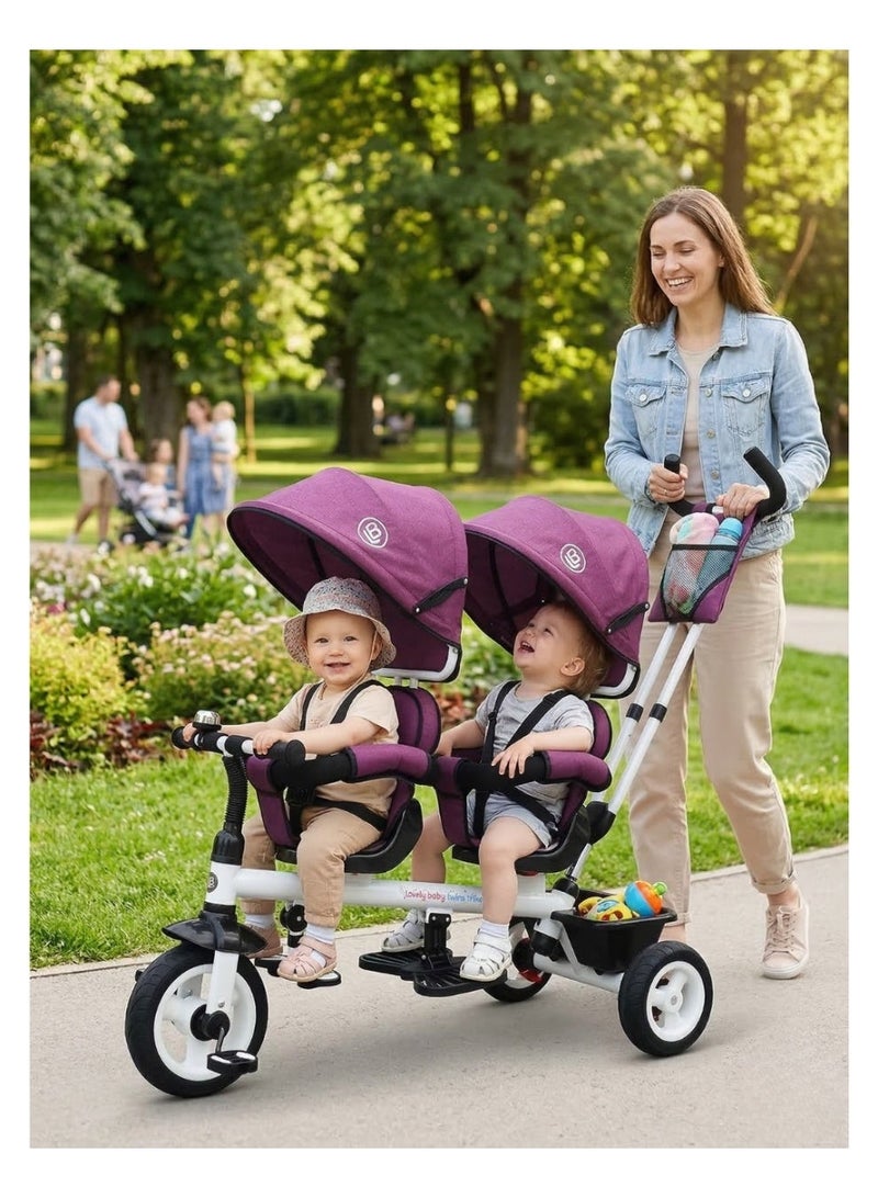 Lovely Baby 2-Seater Twin Tricycle with 360° Rotating Seats, Canopy, and Push Handle - [LB-525HC] PURPLE - Image 2