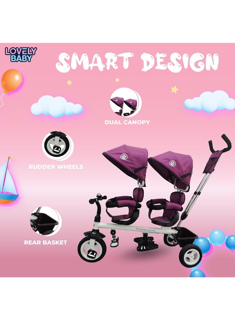 Lovely Baby 2-Seater Twin Tricycle with 360° Rotating Seats, Canopy, and Push Handle - [LB-525HC] PURPLE - Image 4