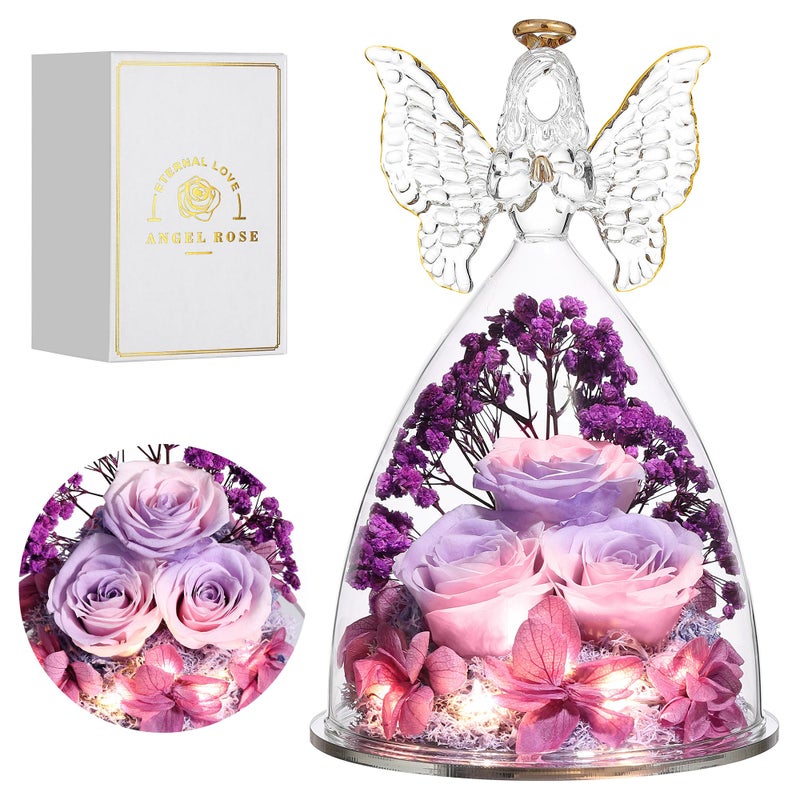 Tiaronics Mothers Day Rose Gifts for Her  Glass Angel Figurine with Three Roses Gifts Preserved Forever Real Rose Gifts for Women  Angel Guardian with Rose Flower Gift  Pinkpurpurple - Image 1