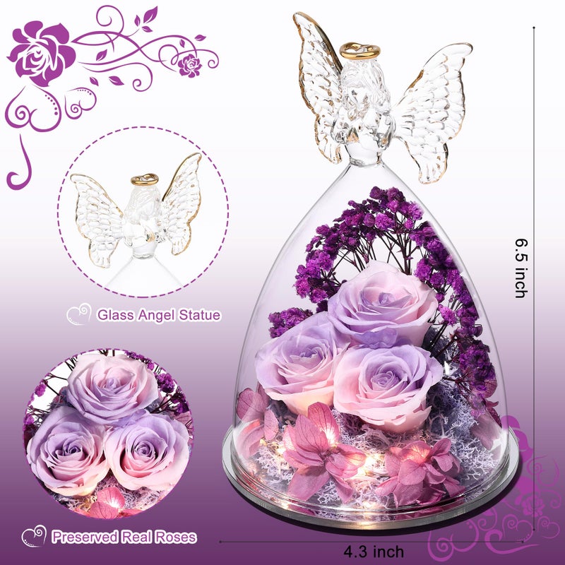 Tiaronics Mothers Day Rose Gifts for Her  Glass Angel Figurine with Three Roses Gifts Preserved Forever Real Rose Gifts for Women  Angel Guardian with Rose Flower Gift  Pinkpurpurple - Image 3