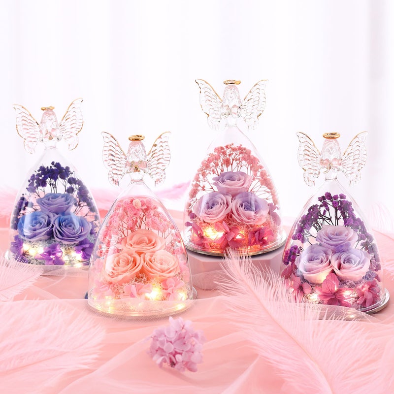 Tiaronics Mothers Day Rose Gifts for Her  Glass Angel Figurine with Three Roses Gifts Preserved Forever Real Rose Gifts for Women  Angel Guardian with Rose Flower Gift  Pinkpurpurple - Image 5