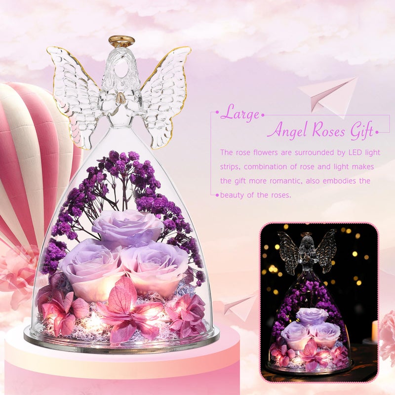 Tiaronics Mothers Day Rose Gifts for Her  Glass Angel Figurine with Three Roses Gifts Preserved Forever Real Rose Gifts for Women  Angel Guardian with Rose Flower Gift  Pinkpurpurple - Image 2