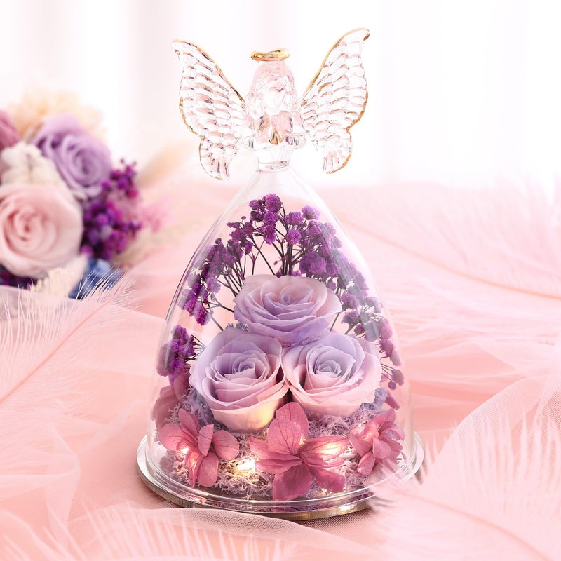Tiaronics Mothers Day Rose Gifts for Her  Glass Angel Figurine with Three Roses Gifts Preserved Forever Real Rose Gifts for Women  Angel Guardian with Rose Flower Gift  Pinkpurpurple - Image 4