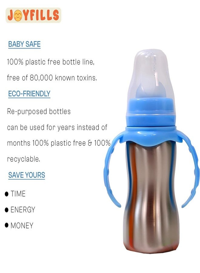 JOYFILLS 2 in 1 Baby Feeding Bottle in Stainless-Steel | Sipper cum Feeding Bottle | Silicone Nipple & Spout with Trainer Handle | Stainless Steel SUS 304 | BPA-Free, Food-Safe, Leak-Proof & Easy to Clean (Blue-290ml, Pack of 2) - Image 4
