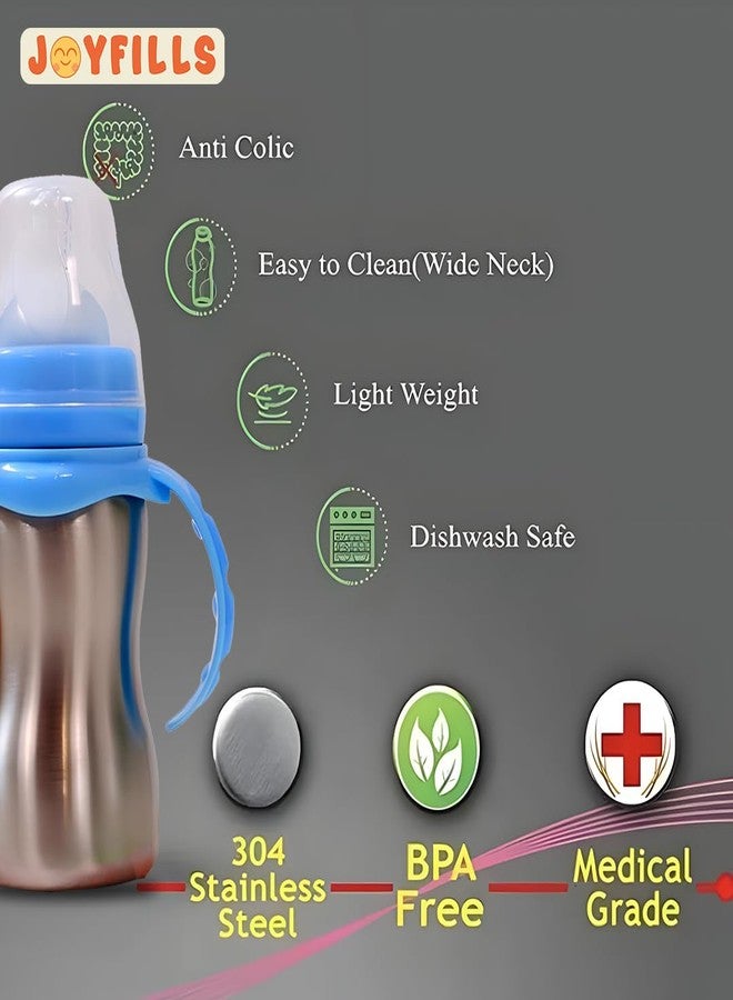JOYFILLS 2 in 1 Baby Feeding Bottle in Stainless-Steel | Sipper cum Feeding Bottle | Silicone Nipple & Spout with Trainer Handle | Stainless Steel SUS 304 | BPA-Free, Food-Safe, Leak-Proof & Easy to Clean (Blue-290ml, Pack of 2) - Image 5