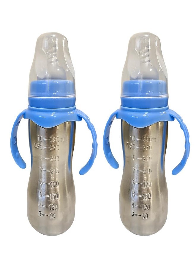 JOYFILLS 2 in 1 Baby Feeding Bottle in Stainless-Steel | Sipper cum Feeding Bottle | Silicone Nipple & Spout with Trainer Handle | Stainless Steel SUS 304 | BPA-Free, Food-Safe, Leak-Proof & Easy to Clean (Blue-290ml, Pack of 2) - Image 1