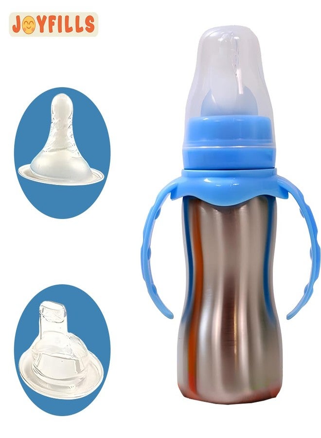 JOYFILLS 2 in 1 Baby Feeding Bottle in Stainless-Steel | Sipper cum Feeding Bottle | Silicone Nipple & Spout with Trainer Handle | Stainless Steel SUS 304 | BPA-Free, Food-Safe, Leak-Proof & Easy to Clean (Blue-290ml, Pack of 2) - Image 3
