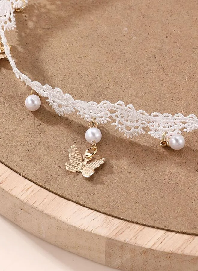 Take Two  White Lace Choker Necklace with Butterfly and Pearl Charms for Women | Best Price UAE