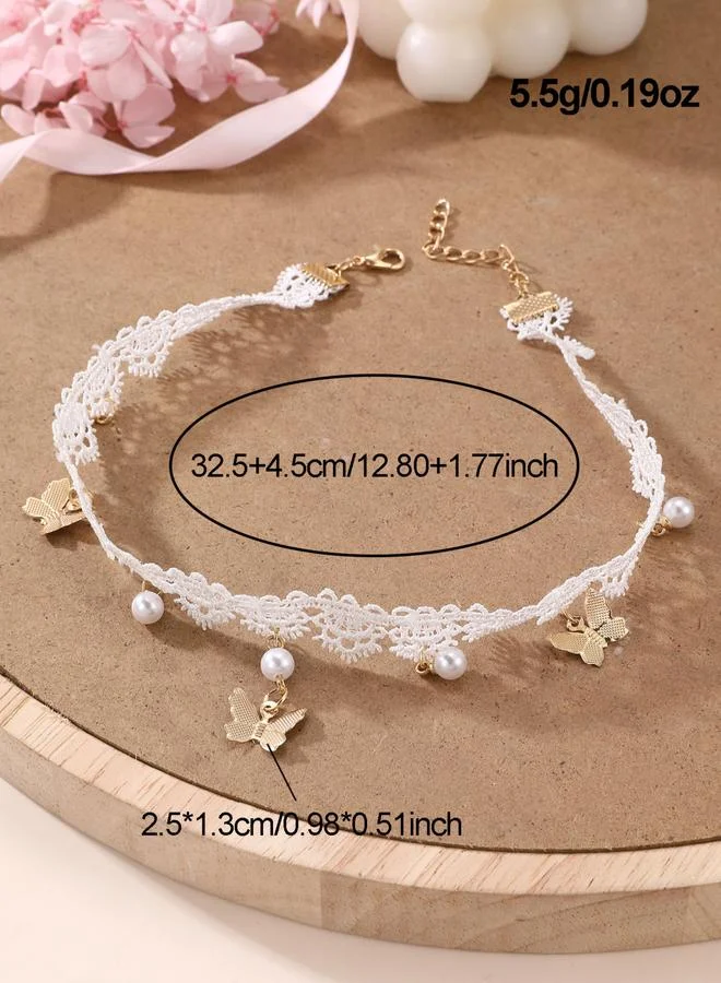 Take Two  White Lace Choker Necklace with Butterfly and Pearl Charms for Women | Best Price UAE