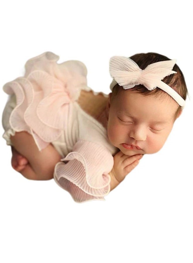 Vedory Baby Photography Props Outfit Lace Rompers Newborn Girl Photo Shoot Outfits Flower Headband Princess Costume (Off white) - Image 1